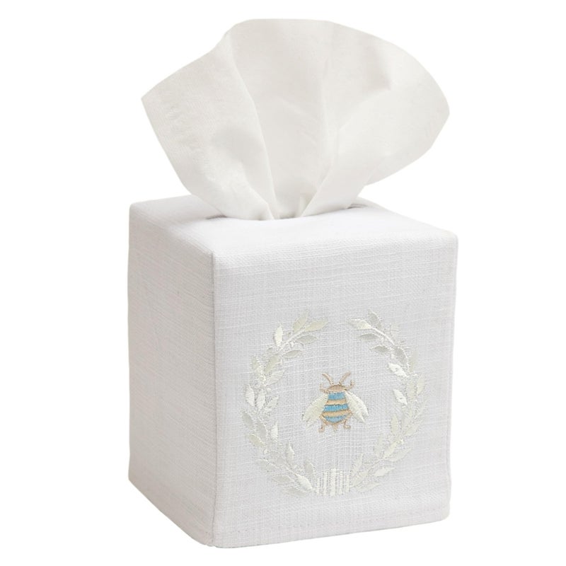 Jacaranda Living Square Tissue Box Cover, Linen/Cotton Fabric Tissue Holder, Decorative Cloth Tissue Cube Cover, Nature Designs Napoleon Bee Wreath (Cream) - Image 1